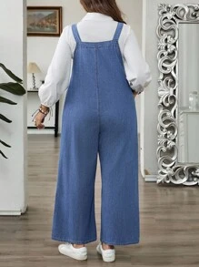 SHEIN CURVE+ 大码女式褶皱阔腿宽松休闲牛仔连体裤 - 藍色 - 查看 2