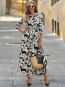 SHEIN Clasi 女式衬衫式超长连衣裙，黑色剪影印花，秋季休闲长袖连衣裙 - 黑與白 - 查看 4