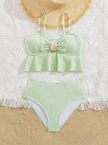 2pcs Girls' Cute Ruffle Trim Swimsuit Set, Suitable For Beach, Vacation In Summer - Green - View 4