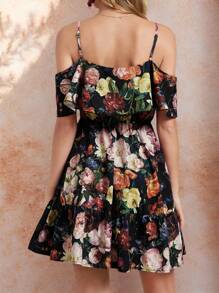 Amorya Clasi 女士花卉印花 V 领露肩吊带优雅休闲日常浪漫春夏连衣裙 - 彩色 - 查看 3