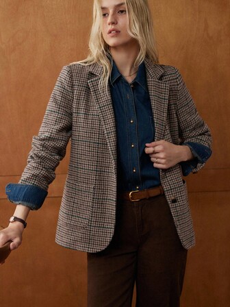 Écloséra Fransk Retro Casual Pendlare Mångsidig Löst Vintage Borstad Rutigt Slag Enkelknäppt Kaki Damkostymkavaj, Casual Kavaj, Business Casual Damkavaj, Höst/Vinter