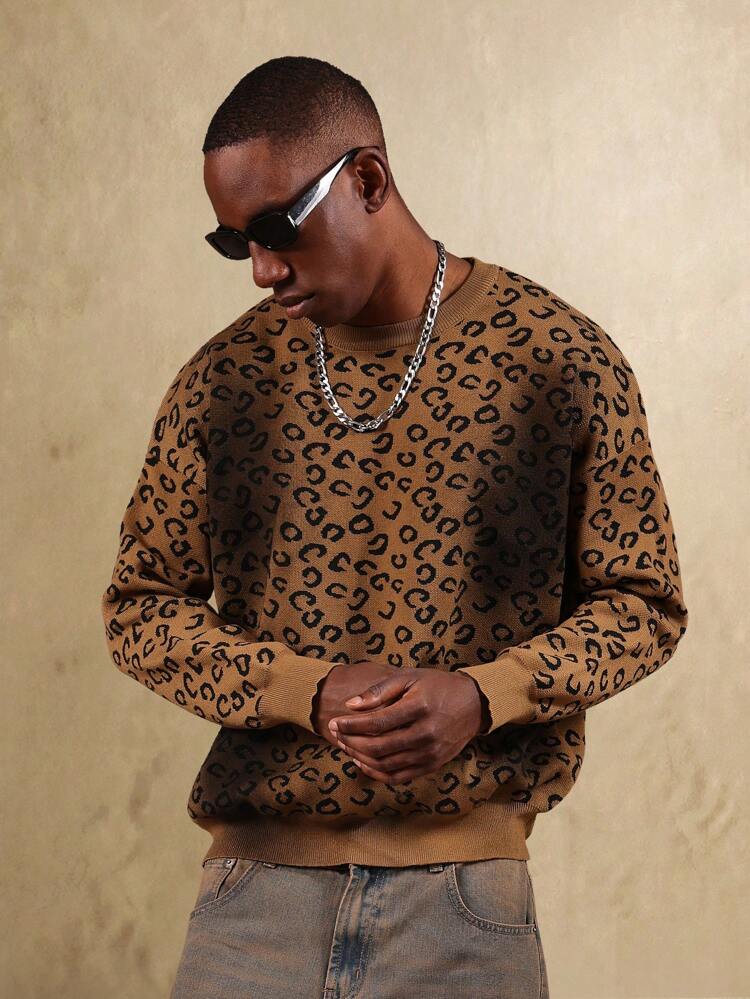Suéter de malha com estampa de leopardo e acabamento canelado