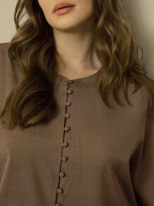 EMERY ROSE Plus Size Women's Fashionable Elegant Casual Batwing Sleeve Round Neck Loose Autumn Coffee 2-Piece Set Fall Cloth For Women - Mocha Brown - View 4