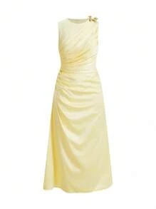 SHEIN x PRISCILA & JIMENA MOTF PREMIUM ELEGANT BUTTERFLY DECOR FOLD PLEATED MIDI DRESS, SUITABLE FOR DATES AND EVERYDAY WEAR - Yellow - View 3