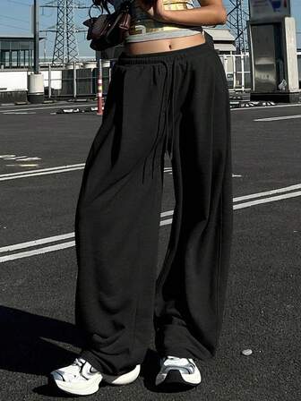 DAZY 女性用無地ルーズプリーツパンツ、カジュアルスポーツストリートスタイル、サーマルライニング、秋冬スウェットパンツ