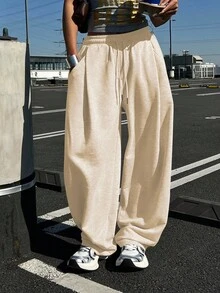 DAZY Women's Solid Color Loose Pleated Sweatpants, Casual Sports Pants, Thermal Lined, Thick For Autumn/Winter - Beige - View 6