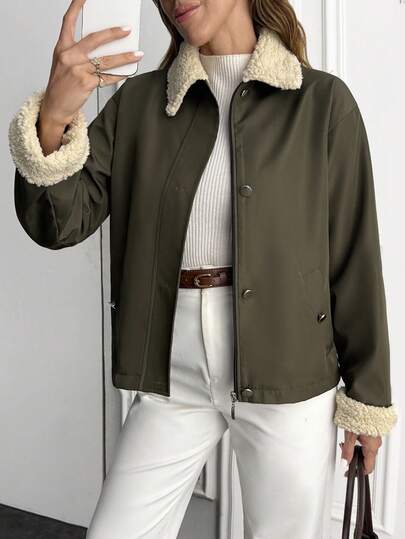 EURMUSE Women Winter Thermal Lined Long Sleeve Pockets Casual Coat, Teddy Bear Collar, Snap Buttons, Warm And Fashionable Shackets For Women Jackets For Women Casual Women Blazer Jacket Outerwear Women Women Jacket With Sherpa Lining