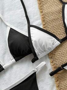Swim Vcay Women's Sexy Halter-Neck Tie Bikini Set, Summer - Black and White - View 4