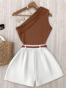 INAWLY 2 Pieces Women Sleeveless Solid Color Tank Top And Shorts Set, Casual - Brown - View 2