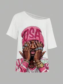 SHEIN EZwear Áo thun nữ dáng rộng hở vai họa tiết chân dung màu hồng phong cách retro giản dị, phong cách cổ điển, phong cách nghỉ dưỡng giản dị, phong cách gợi cảm, dễ thương, cô gái dừa Y2K, kỳ nghỉ Boho, kỳ nghỉ xuân, chuyến đi ăn trưa dành cho các cô gái, phong cách bãi biển neon, bohemian, phong cách hippie, lễ hội âm nhạc, phù hợp cho mùa hè - Nhiều màu - Xem 3