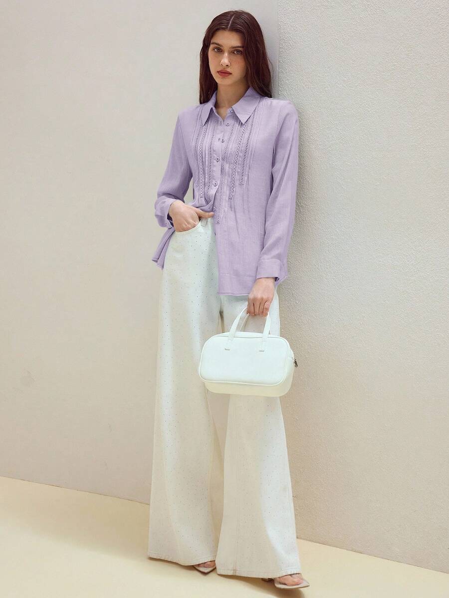 MOTF STUDIO SOLID LACE INSERT LONG SLEEVE SHIRT - Purple - View 1