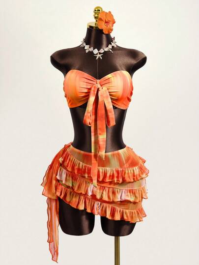 Zestiva Conjunto de bikini bandeau sexy con estampado de teñido anudado para mujer