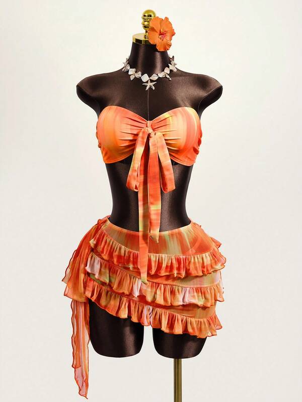 Zestiva Conjunto de bikini bandeau sexy con estampado de teñido anudado para mujer