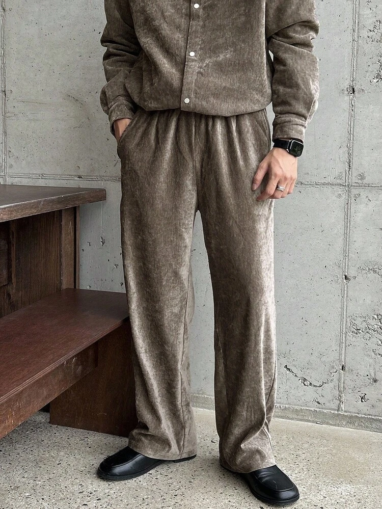 Men's Solid Color Brown Textured Flannel Shirt Set, Autumn