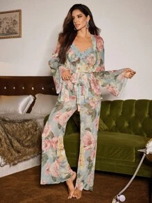 Slumberist 女士时尚花卉印花系带吊带背心和睡袍睡衣套装 - 彩色 - 查看 4