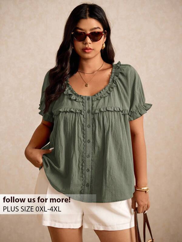 Elaquor Plus Size Women's Summer Solid Color Ruffle Puff Sleeve Shirt,Going Out Tops