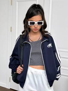 SHEIN Mädchen Zip-Up Jacke aus luftigem gestricktem Material mit Streifenbesatz, Kragen, dickem Stoff, Schulanfang Look, Herbst/Winter