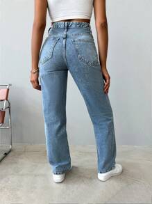 EURMUSE 小码高腰雪花洗直筒牛仔裤 - 中等水洗藍 - 查看 2