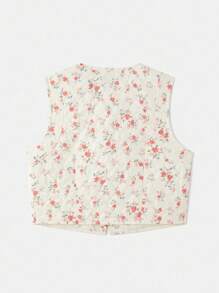 lacRébo Vintage Style Floral Print Quilted Sleeveless Button Front Waistcoat Going Out Top Spring Summer Top - White - View 8