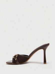 CUCCOO BIZCHIC 8.8厘米鞋跟高棕色PU混合金色扣装饰复古时尚圆头穆勒高跟凉鞋 - 棕色 - 查看 8