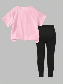 SHEIN 返校少女时尚休闲豹纹樱桃字母图案圆领短袖T恤豹纹打底裤套装个性街头套装夏秋装 - 彩色 - 查看 2