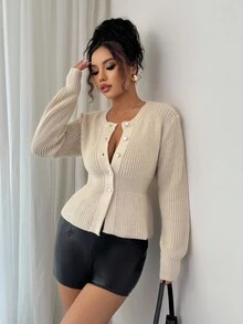 Elenzga 女士优雅腰部收腰针织开衫，秋冬 - 杏色 - 查看 2