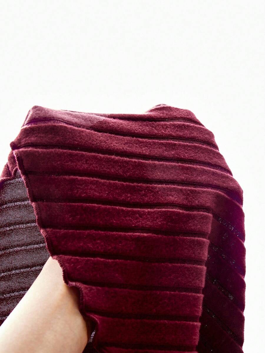 Vestido de punto acanalado con hombros descubiertos color borgoña con decoración de perlas falsas para niñas preadolescentes, adecuado para ir al trabajo, fiestas de noche y reuniones - Burdeos - Ver 1