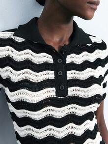 Maija 2025 Black & White Contrast Color Knitted Long Dress For Women Black And White Dress Women Knit Dress Women Polo Dress Mod Dress Autumn And Winter Women's Dress Featuring Artistic Stripes, Geometric Shapes, And A Unique Designer Style-An Ideal Choice For Halloween Parties. - Black and White - View 8