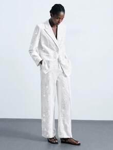 Maija 2025 女士纯色口袋直筒宽松亮片装饰裤 - 白色 - 查看 7