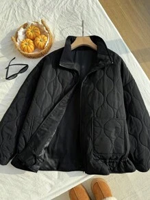 Comfortcana Plus Size Casual Solid Color Drawstring Hem Jacket, Autumn/Winter Quilted Jacket Black Jacket Fall