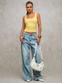 SHEIN BAE 女士夏季岛屿假期意大利度假水晶装饰方领修身吊带背心/度假背心 - 黃色 - 查看 3