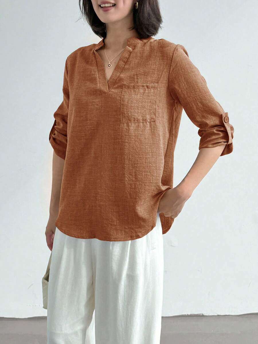 EMERY ROSE 女式春季印花缺口领 3/4 袖衬衫、工作衬衫