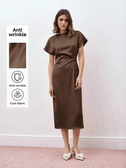 Maija Women's Solid Color Round Neck Short Sleeve Casual Waist Ruched Mid-Length Dress, For Holiday, Business, Casual Wear, Satin A-Line Elegant Dress,Autumn Outfits For Women, Christmas Women's Clothing