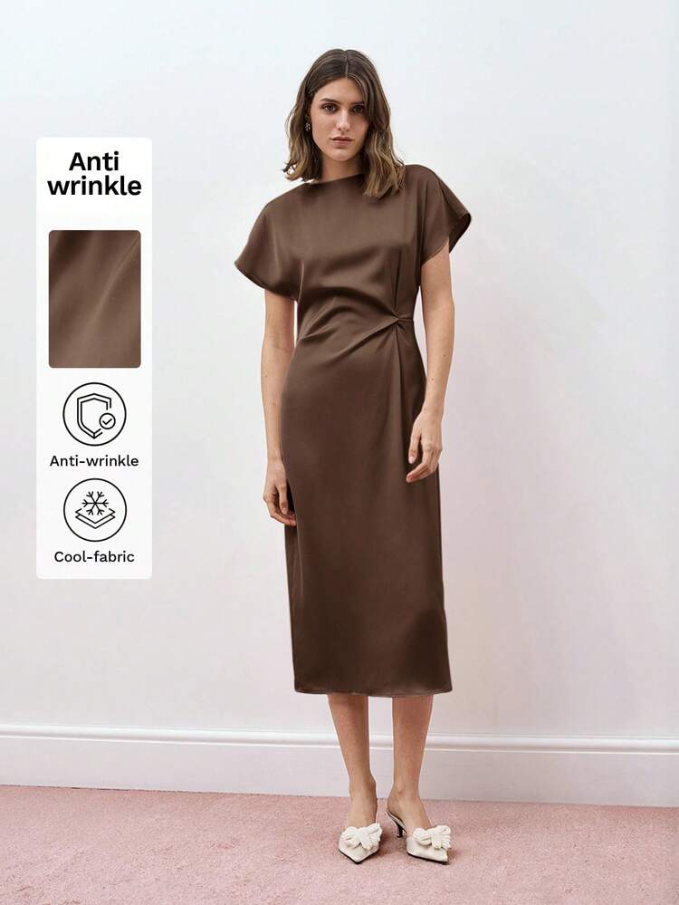 SHEIN Maija Women's Solid Color Round Neck Short Sleeve Casual Ruched Waist Mid-Length Dress, Suitable For Holidays, Business Casual, Elegant Dress