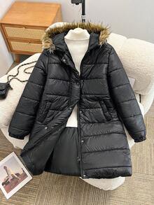 SHEIN Teen Girl Zip-Up Furry Hooded Casual Winter Jacket Fall - Multicolor - View 9