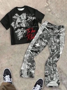SHEIN 2 件青少年男童经典裸枝印花喇叭腿运动裤套装，适合春夏和秋冬 - 彩色 - 查看 3