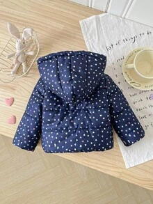 SHEIN 女婴心形印花连帽拉链保暖棉服外套，冬季 - 藍色 - 查看 2