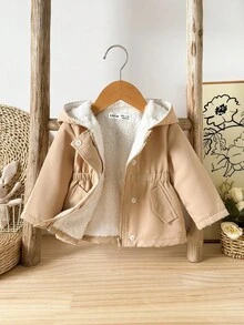 SHEIN Newborn Baby Girl/Boy Casual Versatile Hooded Padded Mid-Length Jacket With Faux Pockets, Autumn/Winter Fall Neutral - Apricot - View 1