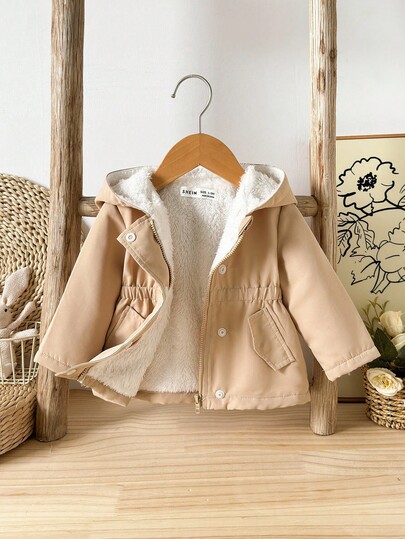 SHEIN Newborn Baby Girl/Boy Casual Versatile Hooded Padded Mid-Length Jacket With Faux Pockets, Autumn/Winter Fall Neutral