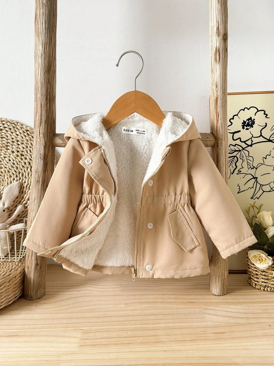 SHEIN Newborn Baby Girl/Boy Casual Versatile Hooded Padded Mid-Length Jacket With Faux Pockets, Autumn/Winter Fall Neutral - Apricot - View 1