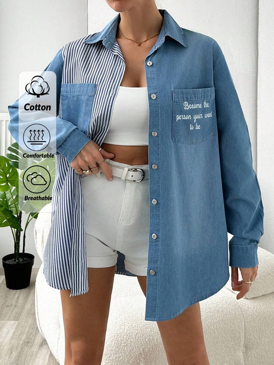 EURMUSE Oversize Jacket With Text Print On The Pocket, Hybridized With Denim-Look Fabric And Striped Fabric - Blue - View 1