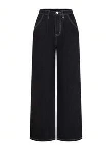 SHEIN x PRISCILA & JIMENA DAZY 翻蓋口短款牛仔夾克和寬腿牛仔褲 - 黑色 - 查看 3