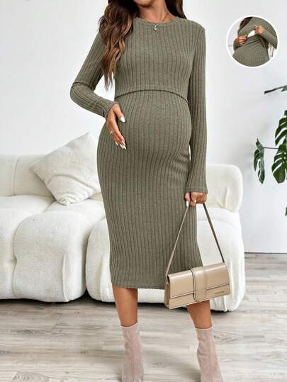 SHEIN שמלת הנקה צמודה בצבע אחיד לנשים בהריון