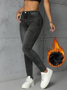SHEIN ICON 女式口袋紧身休闲弹力牛仔裤，保暖内衬 - 灰色 - 查看 1
