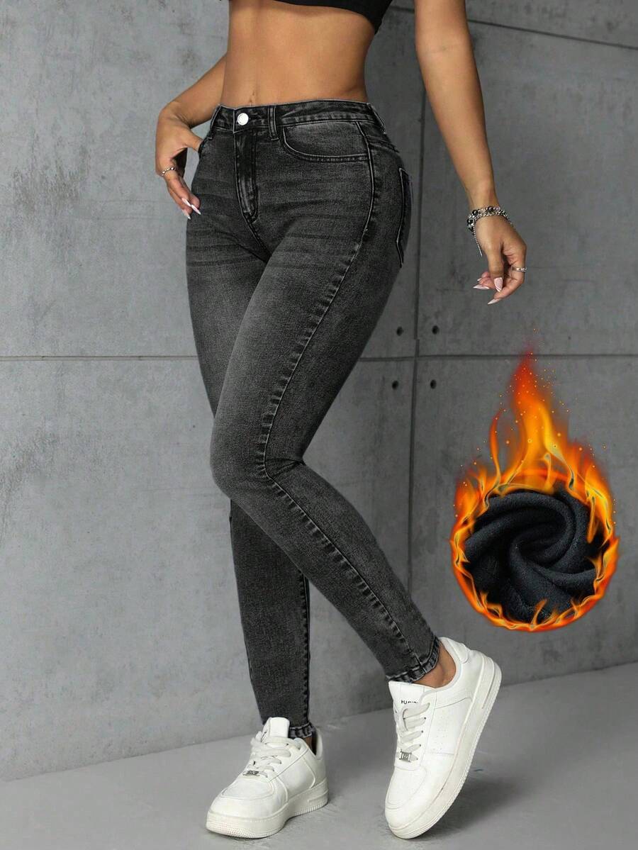 SHEIN ICON 女式口袋紧身休闲弹力牛仔裤，保暖内衬 - 灰色 - 查看 1