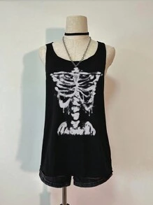 Attitoon 复古街头风格水墨水彩骷髅骨头印花女式背心 - 黑色 - 查看 5