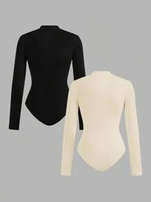 SHEIN EZwear 2 件女式黑色和杏色拉链高领紧身连体衣套装，休闲长袖，适合秋冬季 - 彩色 - 查看 2