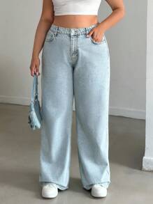 EURMUSE 100%Cotton HIGH RISE STRAIGHT CUT PLUS SZIE WOMEN JEAN - Light Wash - View 6