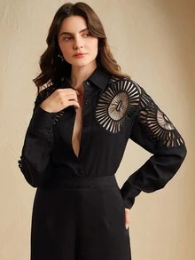 Anewsta 女士长袖镂空单排扣衬衫和阔腿裤休闲套装 - 黑色 - 查看 7