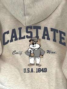 INAWLY Women's Letter & Cartoon Bear Print Drop Shoulder Long Sleeve Casual Hoodie Fall Cloth For Women - Light Grey - View 5